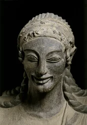 ART ÉTRUSQUE : Apollon (détail). vers 510-490 av. De Veius, sanctuaire de..., vers 510-490 av. J.-C. (terre cuite).