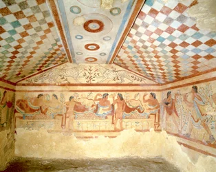 Tombe étrusque des Léopards, fresque montrant une scène de banquet, Tarquinia. 5e siècle av. J.-C., Italie