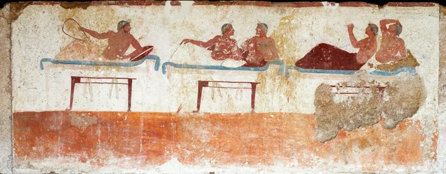 Art étrusque : scène de banquet - Fresque de la tombe du « Plongeur », provenant de la nécropole méridionale de Paestum, 480-470 av. J.-C. - Musée archéologique national, Paestum