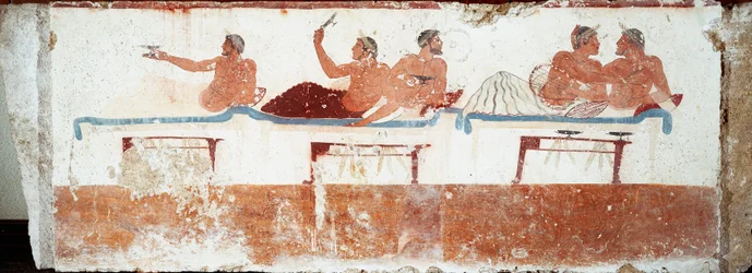 Art étrusque : scène de banquet. Fresque de la tombe du « Plongeur ». Provenant de la nécropole méridionale de Paestum. 480-470 av. J.-C. Musée archéologique national, Paestum