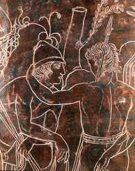 Art étrusque : détail de la Ciste Ficoroni en bronze représentant la légende des Argonautes. Provenant de Préneste (Palestrina). 340 av. J.-C. Museo Nazionale di Villa Giulia, Rome