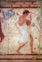 Art étrusque : fresques représentant des scènes de banquet, détail représentant un joueur de lyre. Tombe du Triclinium. Ve siècle av. J.-C. Musée archéologique national de Tarquinia, Italie
