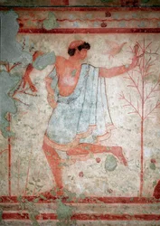 Art étrusque : fresques représentant des scènes de banquet, détail représentant un danseur. Tombe du Triclinium. 5e siècle av. J.-C. Musée archéologique national de Tarquinia, Italie