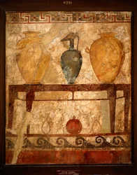 Art étrusque : table avec vases d