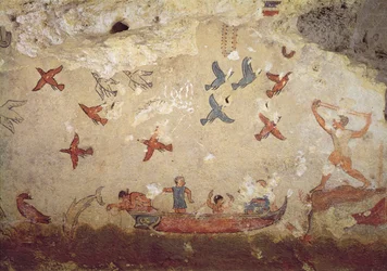 Pêcheurs dans un bateau et oiseaux volant, de la tombe de la pêche et de la chasse, c.520-510 av. J.-C.