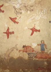 Bateau de pêche, de la tombe de la chasse et de la pêche, vers 520-10 av. J.-C. (peinture murale)