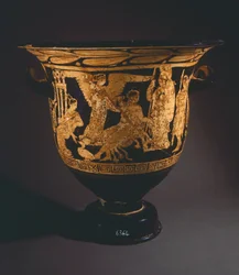 Cratère (grand vase) par le Peintre de Nepi. Poterie à figures rouges de Corchiano (Latium). Civilisation étrusque, IVe siècle av. J.-C.
