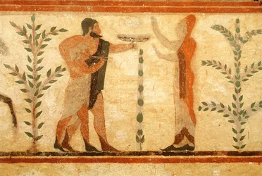 Homme et enfant devant le Héros mort, du Tombeau du Baron, c.500 av. J.-C. (peinture murale)