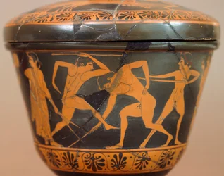 Pyxide avec athlètes dans le gymnase. Poterie à figures rouges, de Cerveteri (Latium). Civilisation étrusque, IVe siècle av. J.-C.