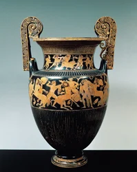 Poterie à figures rouges, cratère attique avec scènes de chasse au sanglier de Calydon et combat entre Centaures