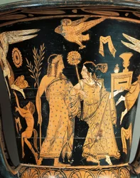 Poterie à figures rouges, cratère, de Civita Castellana, ancien Falerii, province de Rome, Italie (détail), Dionysos couronné et Ariane