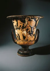 Potterie à figures rouges, calice-cratère représentant Néoptolème, Astyanax, Hélène de Troie et Priam au sol, par le Peintre de Nazzano, de Civita Castellana