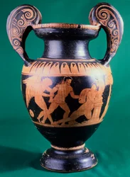 Cratère à volutes par le Peintre de Mayence, représentant un guerrier et une amazone. Poterie à figures rouges. Civilisation étrusque, IVe siècle av. J.-C.