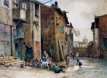 Maisons médiévales dans la Via della Lungaretta à Rome, par Ettore Roesler Franz (1845-1907), aquarelle, Italie