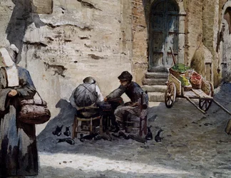 Vieilles maisons médiévales sur Lungaretta par Ettore Roesler Franz, aquarelle de la série Rome disparue, (détail), Italie