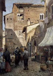 Vieilles maisons de Pierleoni à Rome, aquarelle par Ettore Roesler Franz (1845-1907), Italie