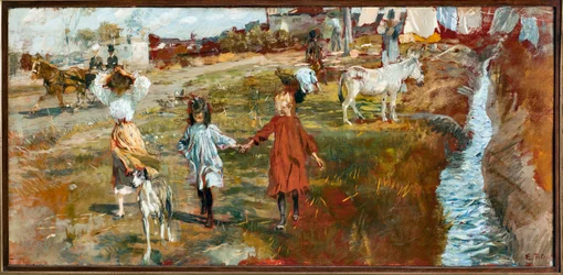 Paysage de campagne avec enfants et chien, un âne près de la rivière
