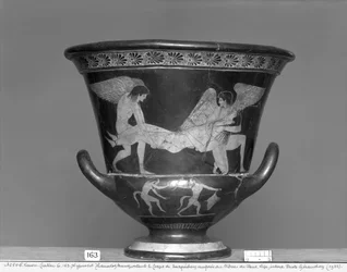 Calyx krater à figures rouges attiques représentant Hypnos et Thanatos portant le corps de Sarpédon