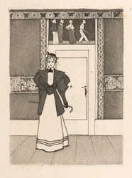 Intérieur avec jeune femme en costume de marche