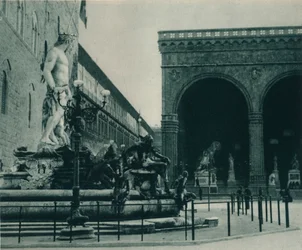 Fontaine de Neptune par Bartolomeo Ammanati et la Loggia dei Lanzi, Florence, Italie, 1927