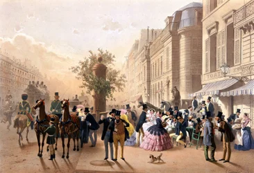 Boulevard des Italiens (devant Tortoni) - Lithographie par Guérard