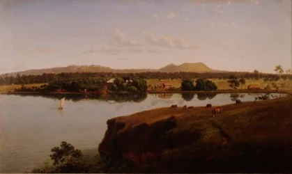 Vue de la station Purrumbete vers le nord-ouest. Mt. Leura et Mt. Sugarloaf au loin, Australie
