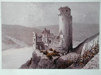 Schloss Ehrenfels dans la vallée du Rhin, vers 1863
