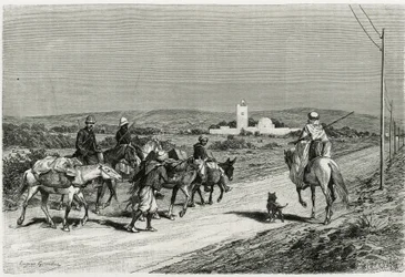Notre remorqueur avance. Gravé par Eugene Girardet, pour illustrer le récit « Voyage en Tunisie », par René Cagnat (1852-1937) historien et Henri Saladin (1851-1923), architecte, commandé en 1882-1883, par le Ministère de l