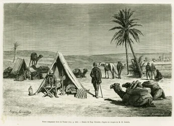 Campement des voyageurs dans les environs de Tozeur. Gravure d