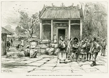 Pagode des Conférences, Monkay. Gravure d