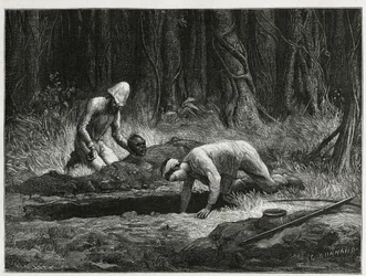 Le Dr. Harmand et son assistant annamite, procédant à des exhumations clandestines de sépultures Khas, à Attopeu (Laos), gravure d