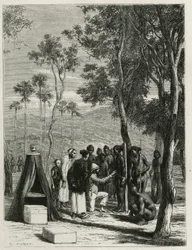 Le Dr Harmand procède à des mesures anthropologiques sur les indigènes Khas, à Attopeu (Laos), gravure par Eugène Burnand, pour illustrer l