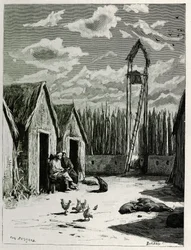 Place des missionnaires à Meuong Ngan. Gravure par Eugène Burnand, pour illustrer le récit « Voyage au Haut Laos », en 1880, par le Dr P. Neis. Publié dans Le Tour du monde, nouveau journal des voyages, 2e semestre 1885, édité par Édouard Charton