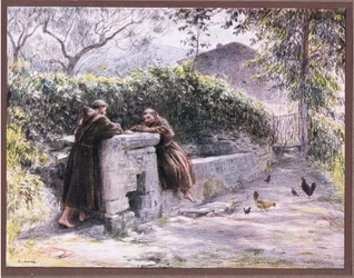 Le repas de Saint François et du frère Masseo à la fontaine. Saint François loue la pauvreté
