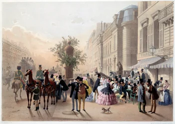 Boulevard des Italiens, Café Tortoni à Paris au 19ème siècle. Gravure par Eugène Guerard
