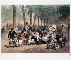 Promenade en voiture dans le jardin des Tuileries à Paris au XIXe siècle Lithographie d