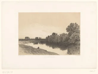 Paysage fluvial avec pêcheurs au crépuscule