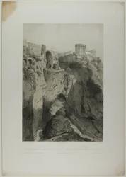 Tivoli : Les temples de Vesta et de la Sibylle, et les ruines de la grotte de Neptune, planche dix-neuf de Italie Monumentale et Pittoresque
