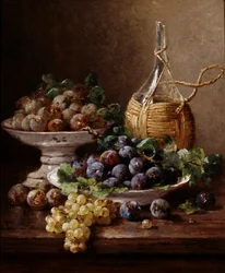 Nature morte de raisins, prunes et vin. Peinture de Eugene Claude (1841-1923) Collection privee.