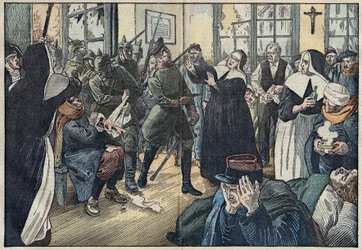 1914, Première Guerre mondiale : Amélie Rigard, connue sous le nom de Sœur Julie, défend les blessés de son hôpital contre les soldats allemands. Gerbéviller, Meurthe-et-Moselle (54). Illustration de Damblans. Dans « Le Pèlerin » du 17 mai.