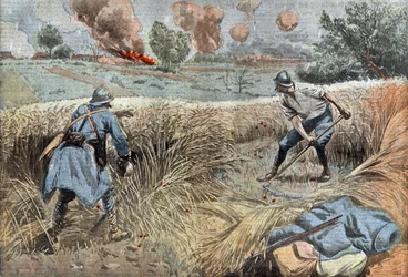 Un artilleur français fauche le blé pour tuer des Allemands, dessin par Damblans du journal français "Le Pèlerin" 30 juin
