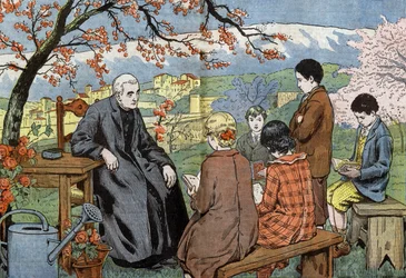 Un prêtre et de jeunes futurs communiants, dans un jardin, dessin par Damblans du journal "Le Pèlerin" 17 mai