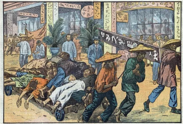 Guerre civile entre nationalistes et communistes en Chine : après les troubles communistes à Canton, les cadavres des victimes sont empilés sur des charrettes. Illustration de Damblans. Dans « Le Pèlerin » du 4 mars
