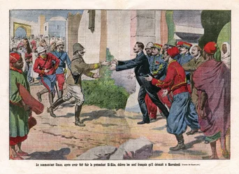 Événements du Maroc, prise de Marrakech par les troupes de Hubert Lyautey (1854-1934) et Charles Mangin (1866-1925). Le commandant Simon, après avoir fui le prétendant El-Hiba (Ahmed al-Hiba), a libéré les neuf