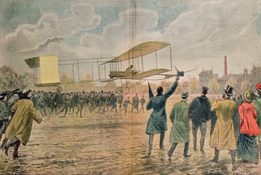 Henri Farman (1874-1958) à Issy-les-Moulineaux dans son avion le Voisin-Farman 1, illustration de 