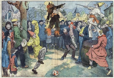 Vieilles coutumes : la crémation du « Carnaval », le soir du Mardi Gras, représente les plaisirs et les bonnes choses abandonnées au seuil du Carême. Illustration de Damblans. Dans « Le Pèlerin » du 16 mars