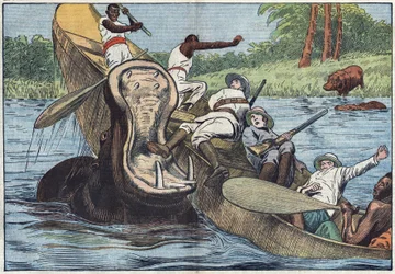 Sur le lac Victoria, en Afrique, un bateau occupé par des missionnaires anglicans et des indigènes est renversé par un hippopotame blessé. Illustration de Damblans. Dans « Le Pèlerin » du 16 mai.