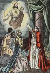 Le pape Pie IX instituant la célébration du règne social de Jésus-Christ, dessin de Damblans du journal français "Le Pèlerin" du 3 janvier