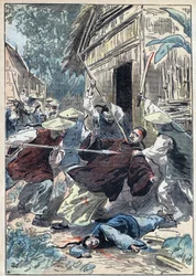 Le prêtre français Berthollet, missionnaire des Missions Étrangères, assassiné par des gardes nationaux chinois près de la ville de Yun Ngan Cheou le 21 avril 1898. Illustration de Damblans dans « Le Pèlerin » du 10 juillet
