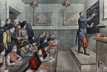 La première classe en français en Alsace est reconquise. Illustration de Damblans. Dans « Le Pèlerin » de 1914.